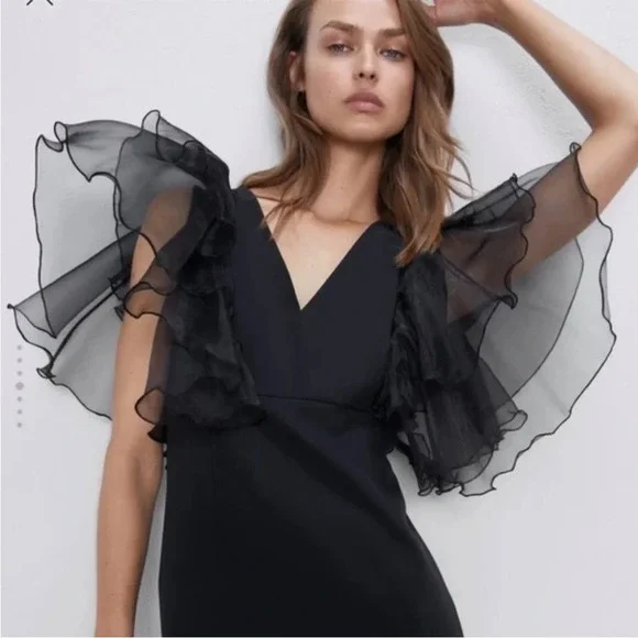 ZARA Black Mini Dress With Organza Sleeves size XS - Picture 10 of 11